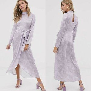 Dusty Daze Mazi Dress High Neck Belted Waist Satin Lavender Print Peasant Medium